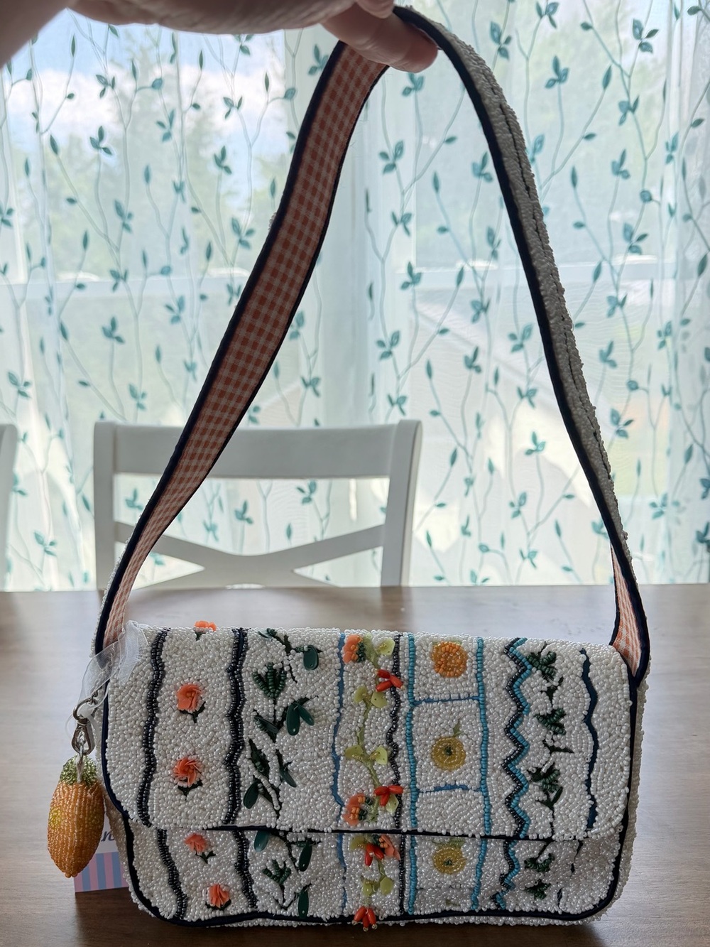 Embroidered White Beaded Floral Shoulder Bag with Multicolor Accents